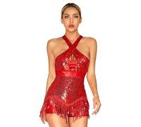 Miaeowve Robe de Danse Latine Femme Justaucorps Danse à Paillettes Franges sans Manches Robe de Pompon Jazz Samba Tango Cha Cha Salsa Ballroom Dancewear Rouge S
