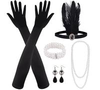 MIAHART Ensemble de 8 accessoires style années folles (Charlotte, Gatsby) - Thème Années 20 : bandeau, coiffe, longs gants noirs, collier et boucles d'oreilles. (Black)