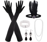 MIAHART - Ensemble de 8 accessoires style années folles (Charlotte, Gatsby) - Thème Années 20 : bandeau, coiffe, longs gants noirs, collier et boucles d'oreilles. (Set B)