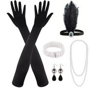 MIAHART Ensemble de 8 accessoires style années folles (Charlotte, Gatsby) - Thème Années 20 : bandeau, coiffe, longs gants noirs, collier et boucles d'oreilles.