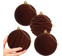 Miaikoe 4 PCS Grandes Boules de Noël en Velvet Ornaments Ensemble de Suspension à l'épreuve pour Les décorations de fête de l'arbre de Noël (Marron, 10 cm)