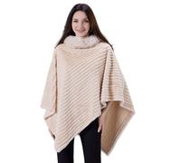 Miaikvs Poncho Cape Tricoté De Femme Pull-Over avec Col en Fourrure Poncho Wrap Châle(Beige)