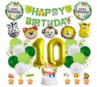 MiaLover Bannière d'anniversaire et ballons de la jungle - Ballons en aluminium et latex en forme d'animal de safari, décoration de gâteau pour garçon et fille, 10e anniversaire et fête prénatale