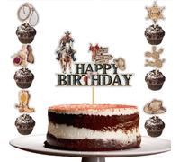 MiaLover Lot de 19 décorations de gâteau sur le thème du cowboy occidental - 1 grand cupcake Happy Birthday et 18 décorations de gâteau pour enfants, garçons et filles - Accessoires de fête