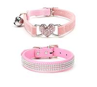 MiaLover Lot de 2 colliers pour chien en cuir avec strass - Réglables - Motif cœur de pêche - Cloche - Deux styles (rose)