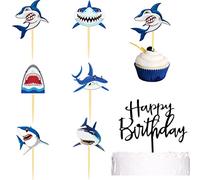 MiaLover Lot de 25 décorations de gâteau en forme de requin - Animaux marins - Décoration de gâteau Happy Birthday - Pour enfants et garçons - Décoration d'anniversaire