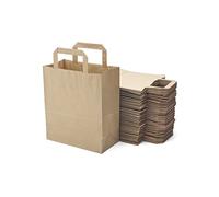 Miamex Lot de 50 Sacs Marrons Cabas en Papier Kraft avec Poignées Plates - 21 x 11 x 25 cm - Solide pour les Courses Emballage cadeau pour anniversaire, fêtes, mariage.