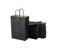 Miamex Lot de 50 Sacs Noirs Cabas en Papier Kraft avec Poignées - 20x10x29.2 cm - Sac de Courses/Emballage cadeau pour anniversaire, Noel, mariage...