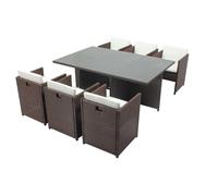 MIAMI 6 - Salon de jardin encastrable 6 places en résine tressée aspect rotin marron et blanc