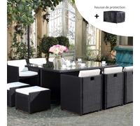 Miami salon de jardin 10 places noir-blanc + housse de protection