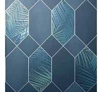 Miami Trellis Geometric Leaf Wallpaper Marine/Silver Fine Decor FD42837