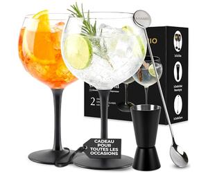 MIAMIO - 2 x 650 ml verres à gin/set de 2 verres à gin - Verres à gin et tonic de haute qualité, idéaux pour le gin et les cocktails - Set cadeau comprenant un verre doseur et une cuillère à remuer.