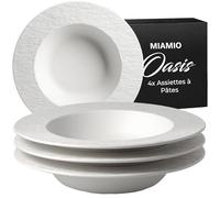 MIAMIO - 26 cm, lot de 4 assiettes à pâtes, grandes assiettes creuses, vaisselle moderne en céramique noir/blanc, passe au micro-ondes et au lave-vaisselle - Collection Oasis (Blanc)