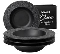 MIAMIO - 26 cm, lot de 4 assiettes à pâtes, grandes assiettes creuses, vaisselle moderne en céramique noir/blanc, passe au micro-ondes et au lave-vaisselle - Collection Oasis (Noir)
