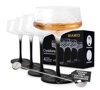 MIAMIO - 280 ml Verres Coupes Kit de 4 avec cuillère de bar, Verres à cocktail en cristal soufflé à la main avec pied noir, Verres à cocktail uniques, Verres Coupe à Champagne - Collection Crystaluna