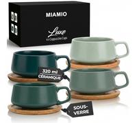MIAMIO - 4 x 320 ml tasses à café/set de tasses et soucoupes/tasses à café en grès élégantes et modernes - Set Luxe collection 4pcs (Evergreen)