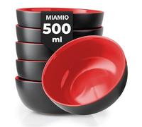 MIAMIO - 6 x 500 ml Ensemble de bols en grès Extérieur noir Intérieur coloré (bleu, rouge, vert, multi-couleur) (Rouge)