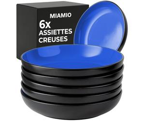 MIAMIO - 900 ml / 22 cm Lot de 6 bols à pâtes/bols à salade, assiettes à pâtes larges et peu profondes, grand profond en grès céramique - Collection Le Papillon (Bleu)