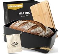 MIAMIO - Boîte à Pain pour Plan de Travail de Cuisine/Boîte à Pain en Céramique avec Planche à Découper, Conteneur à Pain avec Couvercle en Bambou, 32 x 20 x 11,5 cm (Noir)