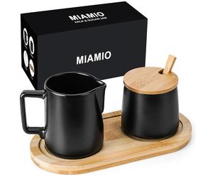 MIAMIO - Ensemble de service à sucre et crème avec couvercle et cuillère/Accessoires de bar à café en céramique - Compatible micro-ondes et lave-vaisselle (Noir)