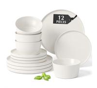 MIAMIO - Ensemble de vaisselle moderne en grès Luxe - Blanc - Service de 12 pièces (12x) - Assiettes à apéritif, grandes assiettes plates, bols - Passe au lave-vaisselle et au micro-ondes