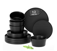 MIAMIO - Ensemble de vaisselle moderne en grès Luxe - Noir - 12 pièces (Assiettes à apéritif Ø20cm, Grandes assiettes plates Ø26cm, Bols 740ml) - Passe au lave-vaisselle et au micro-ondes