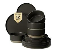 MIAMIO - Ensemble de Vaisselle pour 4 Personnes/Ensemble de 12 Pièces en Grès/Convient au Lave-Vaisselle et au Micro-Ondes - Collection Sierra (Noir, Service de vaisselle (12x))