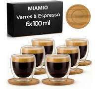 MIAMIO - Lot de 6 tasses à espresso/verres à espresso à double paroi/sans anse/avec soucoupe/en verre borosilicaté (100 ml)