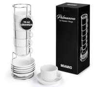 MIAMIO - Lot de 6 Tasses Espresso 75 ml avec Support Grès Céramique - Petites Tasses pour Espresso - Service Moderne Blanc - Collection Palmanova, Compatible Lave-vaisselle