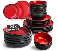MIAMIO - Service de Table 24 Pièces, pour 6 Personnes/Vaisselle en Grès - Comprend des Assiettes, Assiettes Creuses et Bols - Compatible Micro-ondes & Lave-vaisselle - Collection Le Papillon (Rouge)