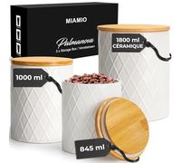 MIAMIO - Set 3 boîtes de conservation céramique - Palmanova (Blanc) | Boîtes en céramique avec couvercles en bois hermétiques pour café, thé, sucre, farine et sel