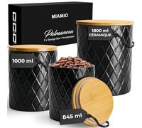 MIAMIO - Set de 3 boîtes de conserve pour le comptoir de cuisine, boîte de conserve en céramique avec couvercle en bois hermétique - parfait pour le café, le thé, le sucre, la farine, le thé (Noir)
