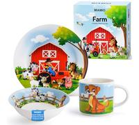 MIAMIO - Set de 3 Porzellan vaisselles pour enfants/Assiettes pour enfants, Set d'assiette pour enfants, Set de vaisselle des enfants - Comprend une assiette, un bol et une tasse (Ferme)