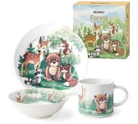 MIAMIO - Set de 3 Porzellan vaisselles pour enfants/Assiettes pour enfants, Set d'assiette pour enfants, Set de vaisselle des enfants - Comprend une assiette, un bol et une tasse (Foret)