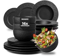 MIAMIO - Set de vaisselle 16 pièces/Vaisselle moderne en céramique/Vaisselle de table/Set pour 4 personnes - Collection Oasis (Noir, 16x)