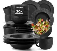 MIAMIO - Set de vaisselle 16 pièces/Vaisselle moderne en céramique/Vaisselle de table/Set pour 4 personnes - Collection Oasis (Noir, 20x)