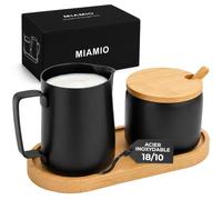 MIAMIO - Set pot à lait et sucrier avec plateau en bambou (Noir) | Pot à lait 330 ml et sucrier 270 ml avec plateau bambou et cuillère pour café, thé, petit-déjeuner - passe au lave-vaisselle