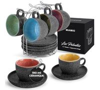 MIAMIO - Tasses à cappuccino empilables en céramique de 190 ml avec soucoupes et support en métal - Ensemble de 6, spéciaux Americano Latte Café Mocha et thé - Collection Las Palmitas