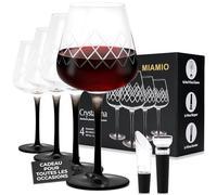 MIAMIO - Verres à vin rouge de 480 ml, lot de 4 grands verres à vin en cristal avec verres à vin noirs à long pied + bouchon à vin et aérateur - Collection Crystaluna