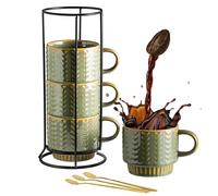 Miamolo Lot de 4 tasses à café empilables avec cuillères et support, tasses à expresso empilables de 390 ml pour boissons, latte, cappuccino, thé, tasse à café pour femme, homme, couple, cadeau de
