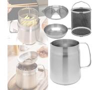 MIANDEKPE Pot de filtre à huile en acier inoxydable 304, séparateur de graisse, récipient à graisse de bacon pour cuisine, mini friteuse à huile et petite friteuse profonde avec panier, 2 l