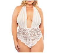 MianYaLi Femme Sexy Jumpsuit Deep Backless Lingerie Femmes Halter Bodysuit Sexy Teddy Lace V-Neck (White, M)