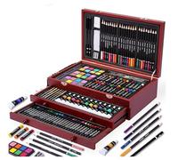 MIAOKE Mallette de peinture de qualité supérieure - 175 pièces - Dans un coffret en bois - Avec peintures acryliques, aquarelle, crayons de cire, crayons de couleur, kit d'art professionnel