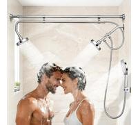 MIAOLLUN Pomme De Douche Tandem pour Couples, Système De Douche Double avec Glissement Et Rotation À 180°, Système De Douche Triple Haute Pression, Pommes De Douche Doubles Réglables,Argent
