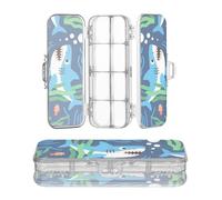 miaozhen Boîte à crayons transparente à double étage avec couvercle à clipser - Motif animaux marins - Requin - Herbe - Poisson - Bleu foncé
