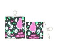 miaozhen Boîtes de rangement en plastique transparent rose avec couvercle Happy Halloween pour petite fille - Petits bacs de rangement décoratifs pour cotons-tiges, tampons de coton, cure-fil