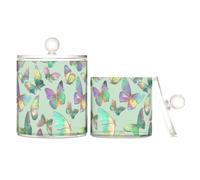 miaozhen Dreamy Butterfly Green Art Lot de 2 organiseurs de rangement en plastique transparent avec couvercle, petits bacs de rangement décoratifs pour cotons-tiges, cotons-tiges, cure-fil, trombones