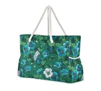 miaozhen Grand sac de plage imperméable avec fermeture éclair - Motif floral bleu et émeraude - Pour femme - Avec porte-gobelets sur le côté