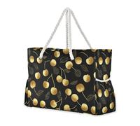 miaozhen Grand sac de plage portable avec fermeture éclair Style tendance Cerise Or et Noir Grand sac fourre-tout pour femme pour le travail avec porte-gobelets sur le côté