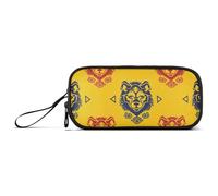 miaozhen Grande trousse à crayons en nylon avec motif de loup chinois jaune haute capacité avec fermeture éclair pour étudiant
